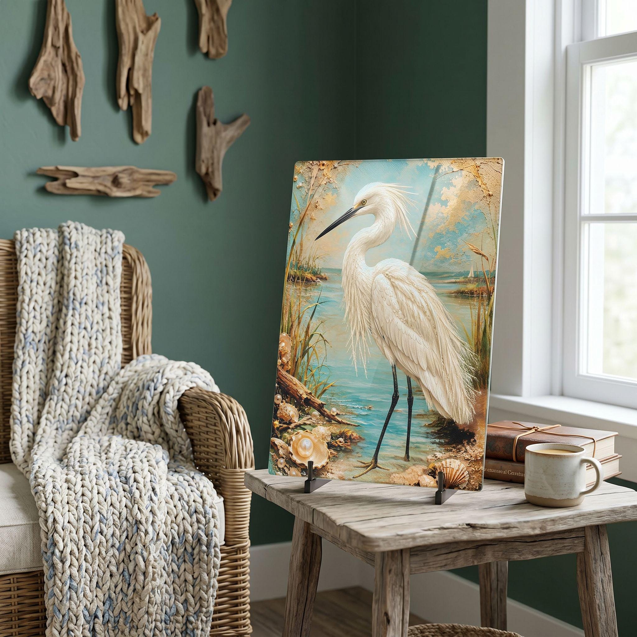 Egret Coastal Art Glass Board, Coastal Kitchen Decor, Charcuterie & Serving Tray