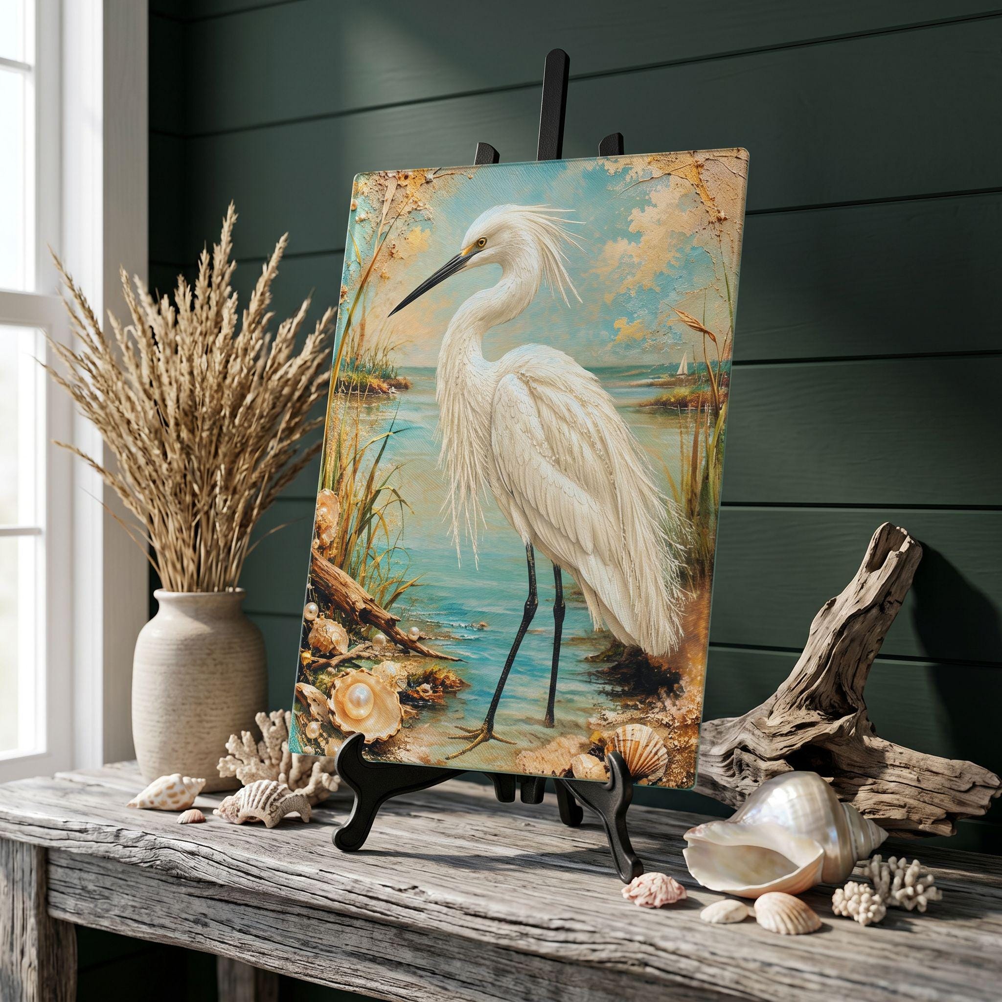 Egret Coastal Art Glass Board, Coastal Kitchen Decor, Charcuterie & Serving Tray