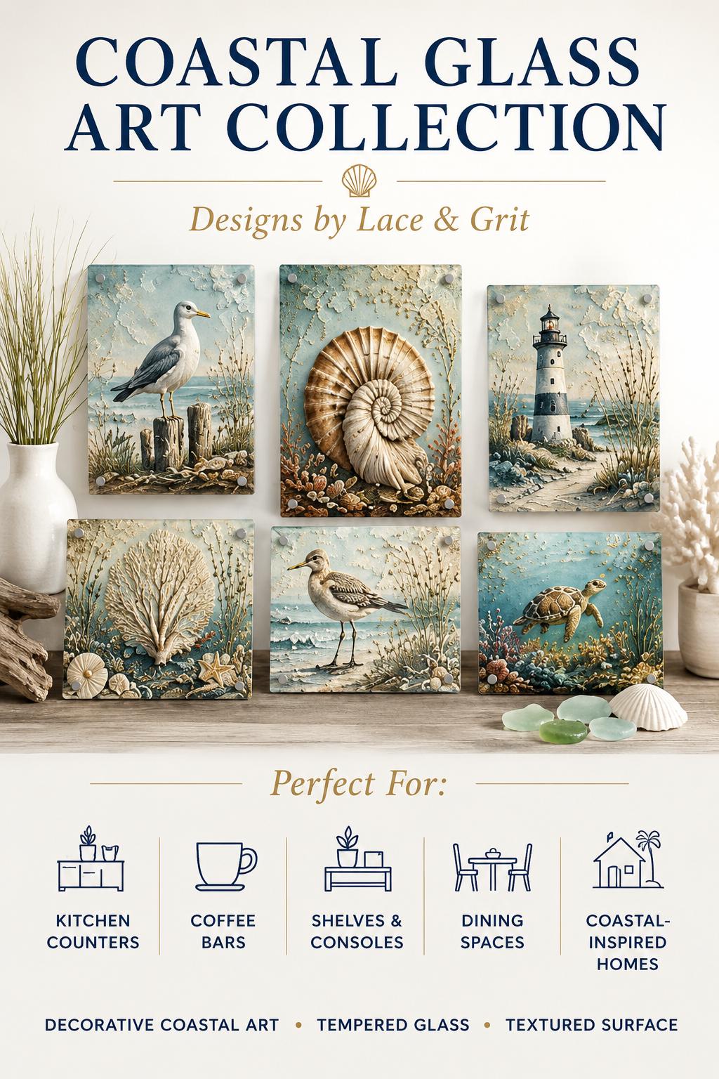 Egret Coastal Art Glass Board, Coastal Kitchen Decor, Charcuterie & Serving Tray