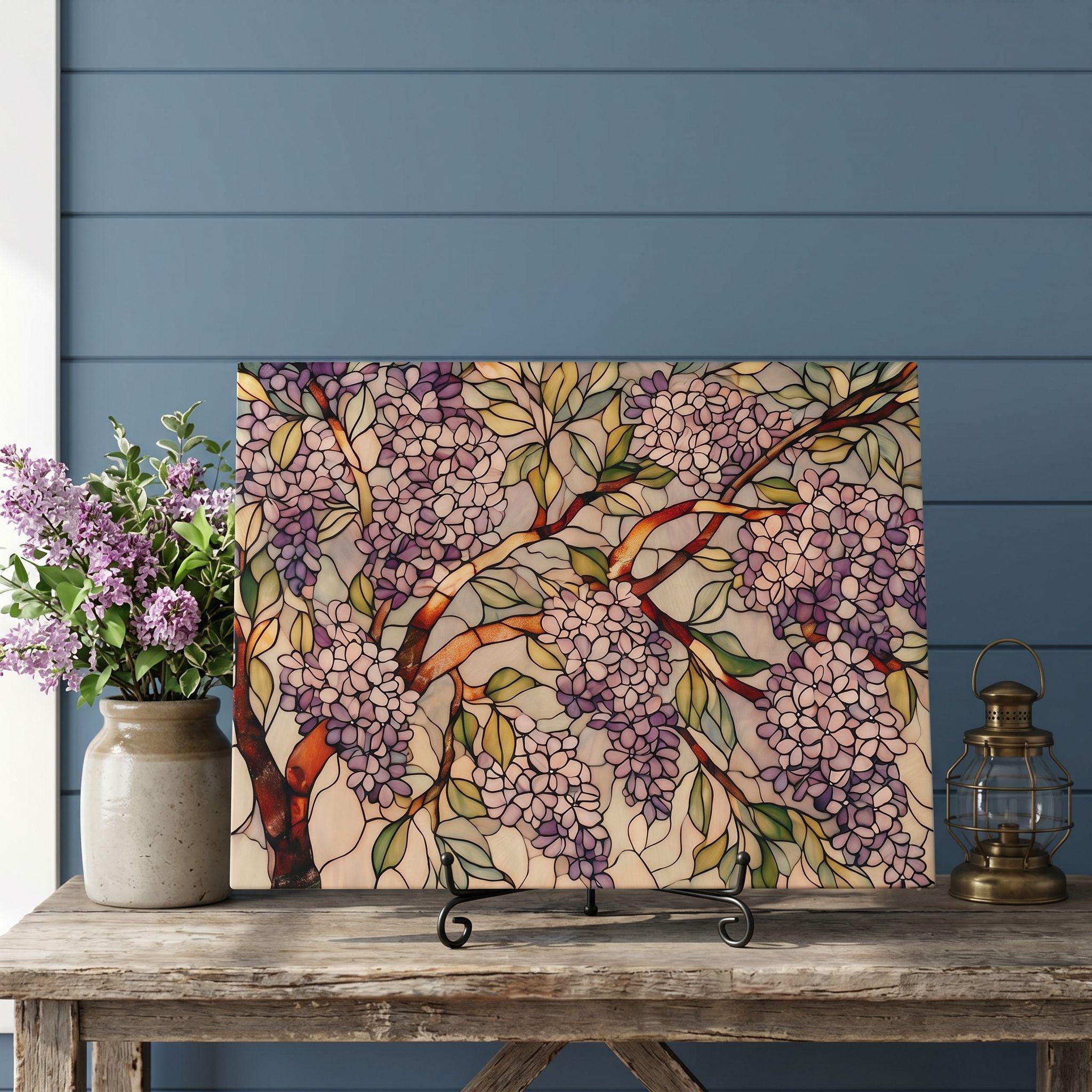 Lilac Botanical Glass Art Panel, Floral Tempered Glass Wall Decor, Cottage Garden Accent