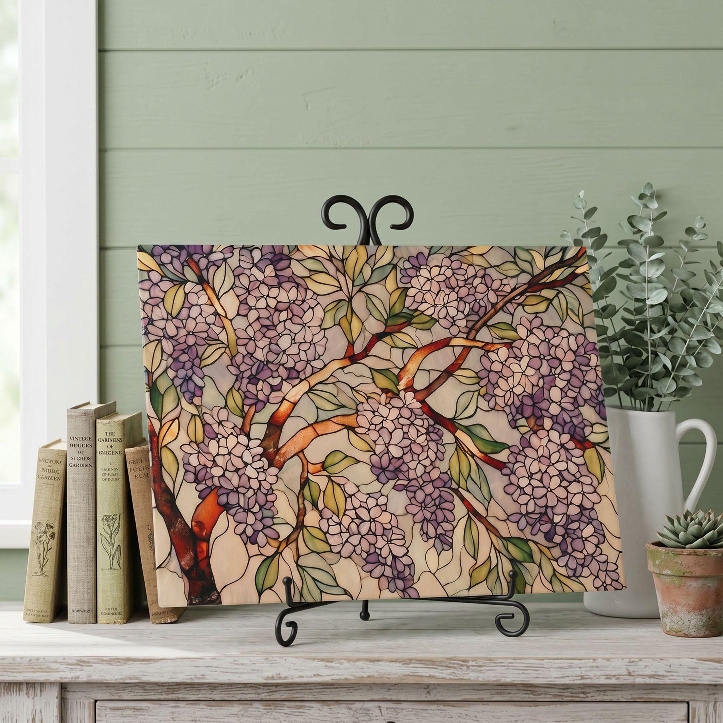 Lilac Botanical Glass Art Panel, Floral Tempered Glass Wall Decor, Cottage Garden Accent