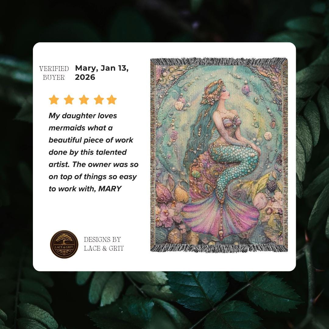 Beaded Look Mermaid Woven Blanket | Coastal Cottage Vintage Fantasy Decor