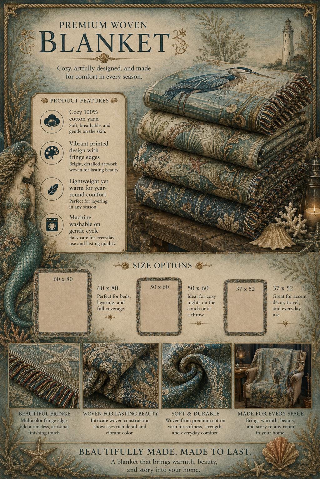 Beaded Look Mermaid Woven Blanket | Coastal Cottage Vintage Fantasy Decor