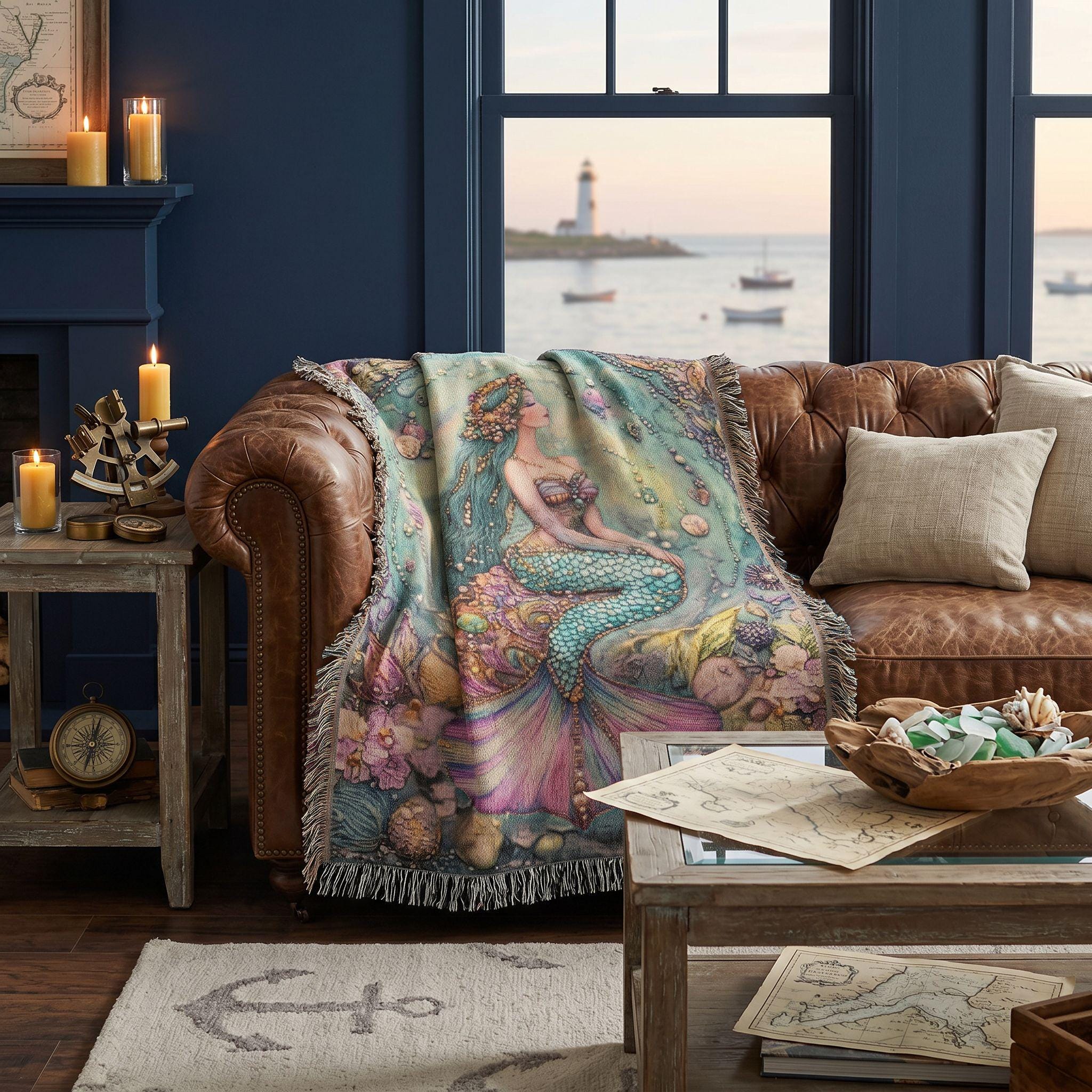 Beaded Look Mermaid Woven Blanket | Coastal Cottage Vintage Fantasy Decor