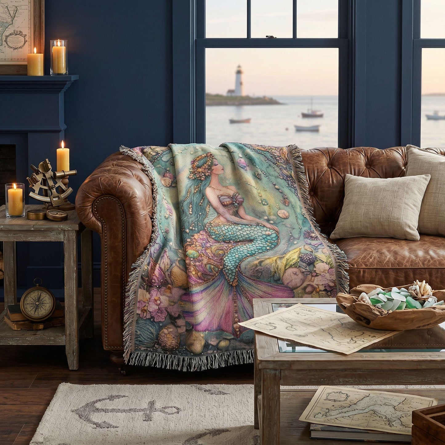 Beaded Look Mermaid Woven Blanket | Coastal Cottage Vintage Fantasy Decor