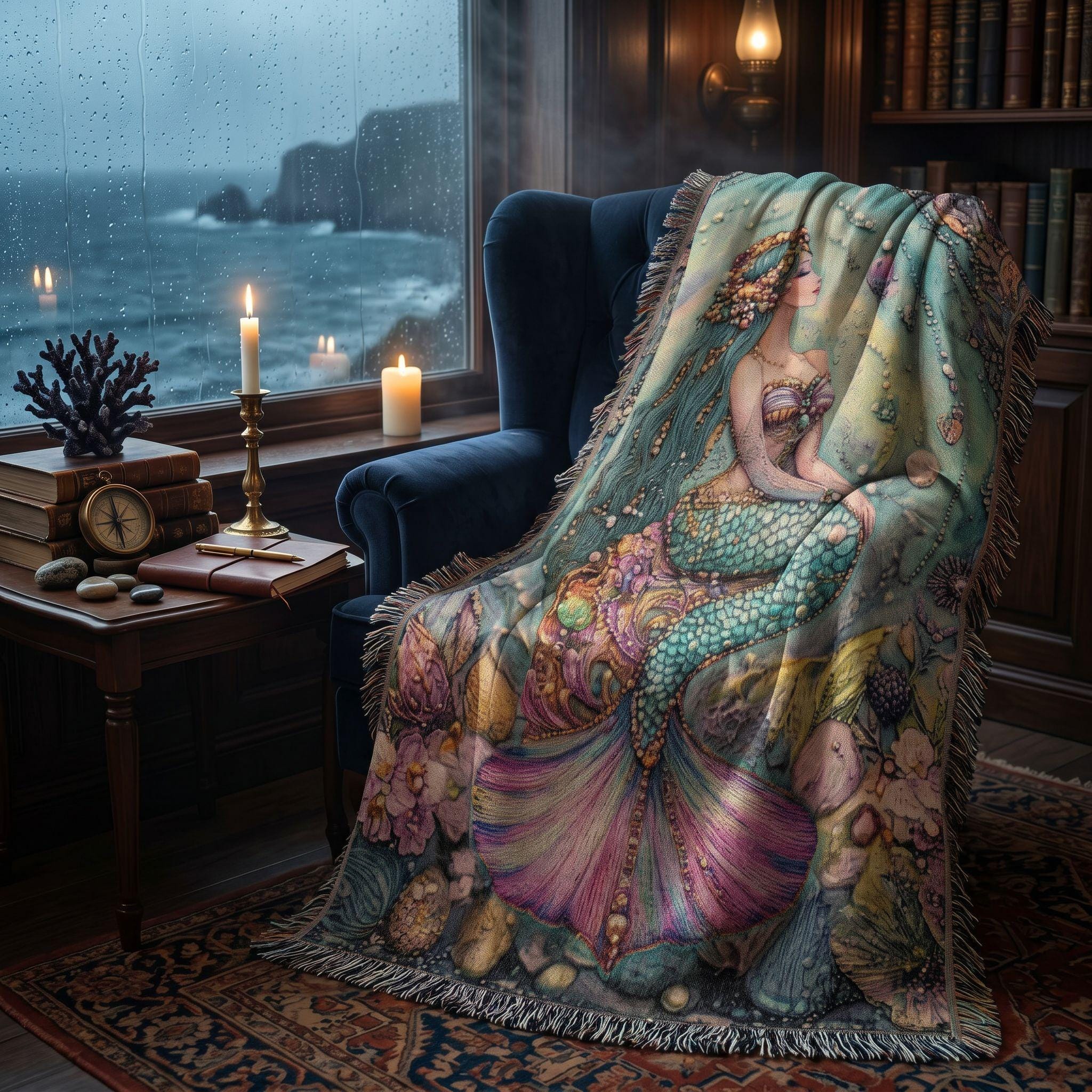 Beaded Look Mermaid Woven Blanket | Coastal Cottage Vintage Fantasy Decor