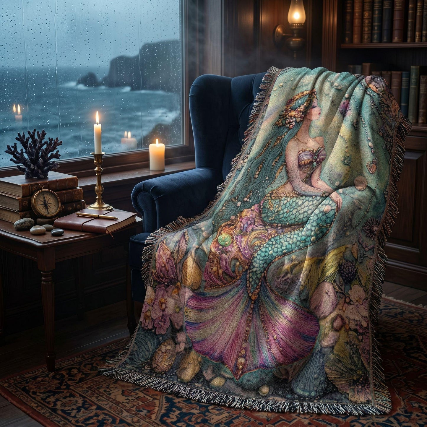 Beaded Look Mermaid Woven Blanket | Coastal Cottage Vintage Fantasy Decor