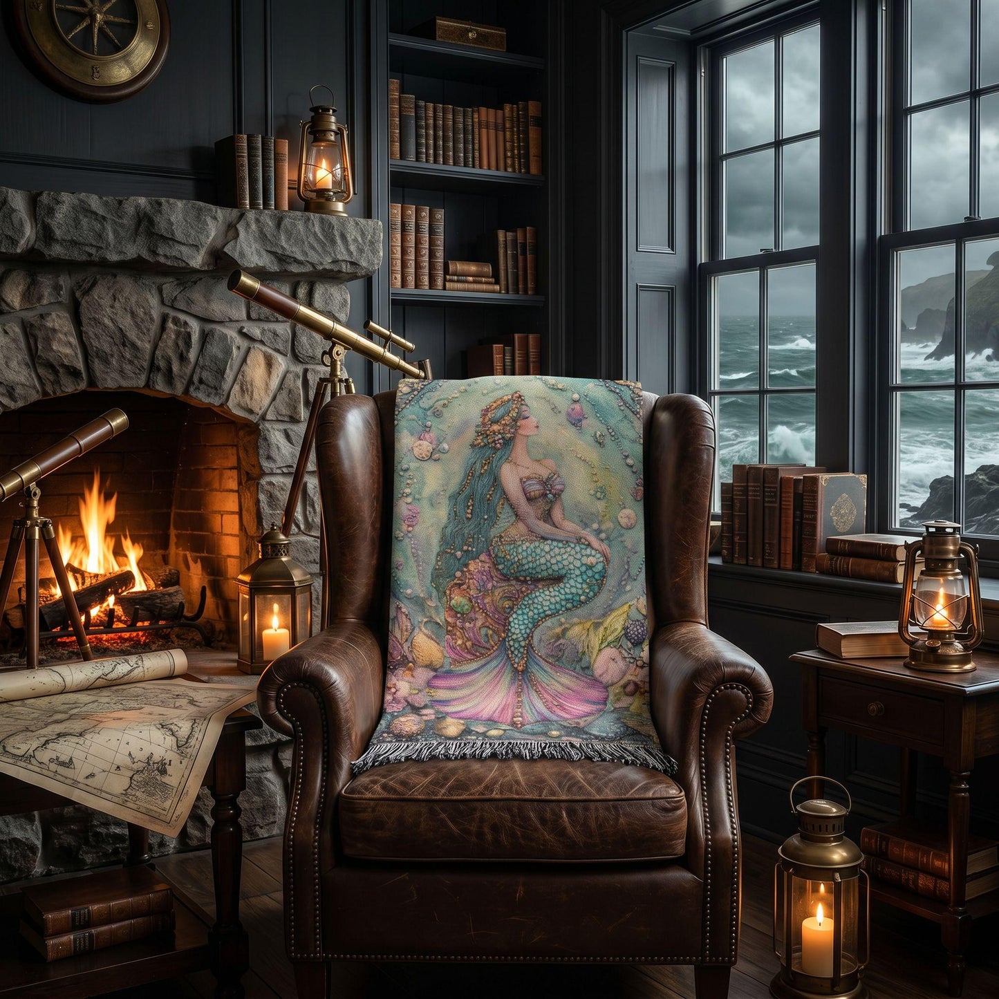 Beaded Look Mermaid Woven Blanket | Coastal Cottage Vintage Fantasy Decor