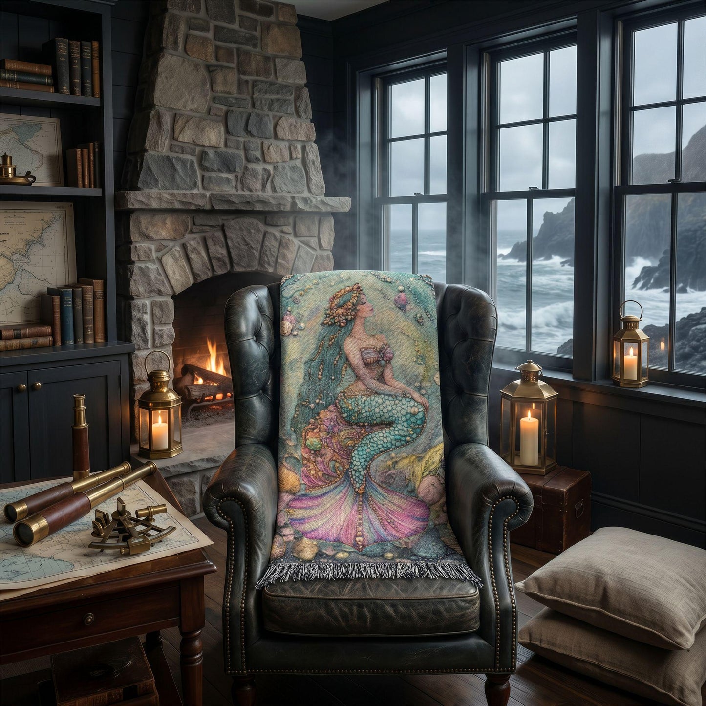 Beaded Look Mermaid Woven Blanket | Coastal Cottage Vintage Fantasy Decor