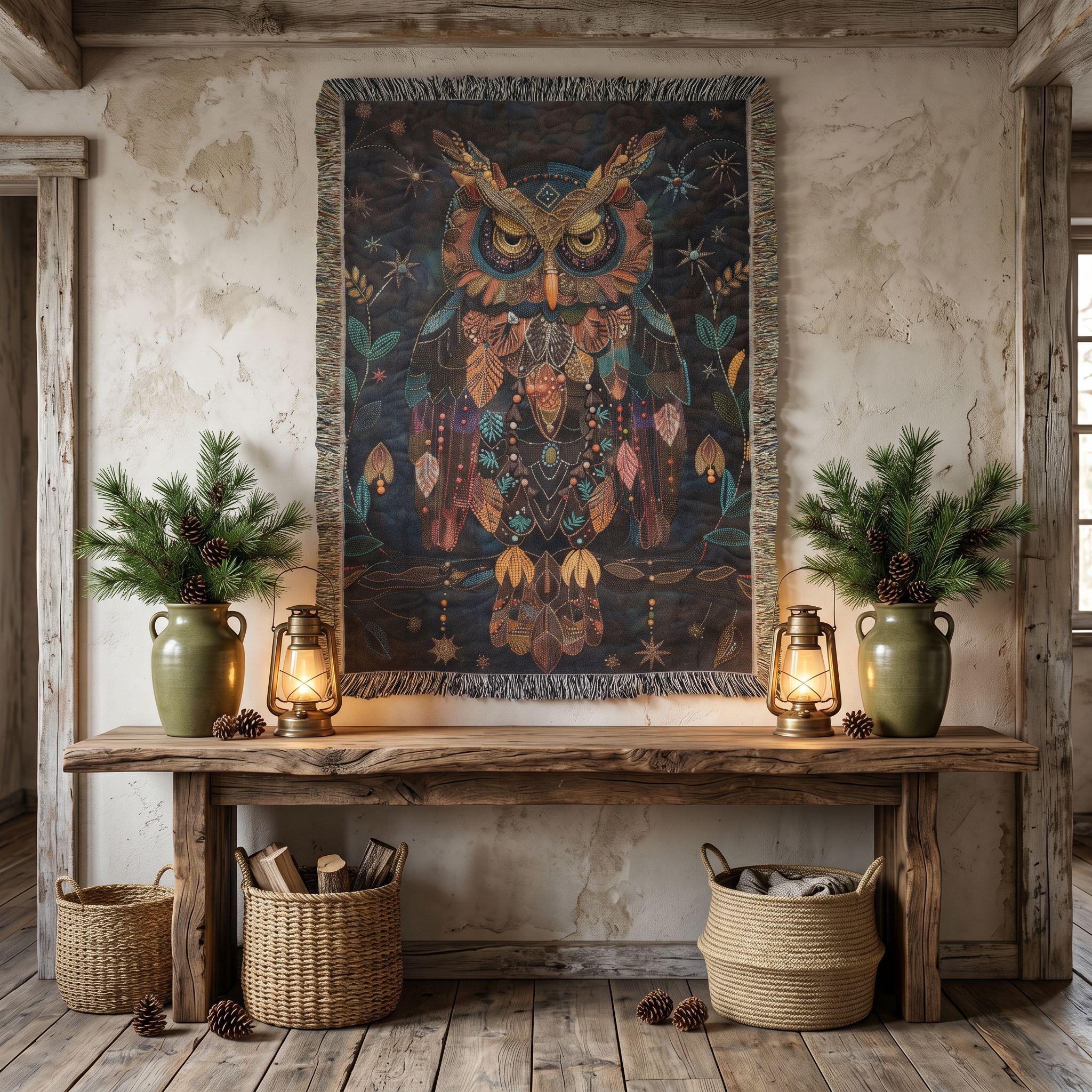 Cozy Celestial Owl Woven Blanket | Whimsical Woodland Throw