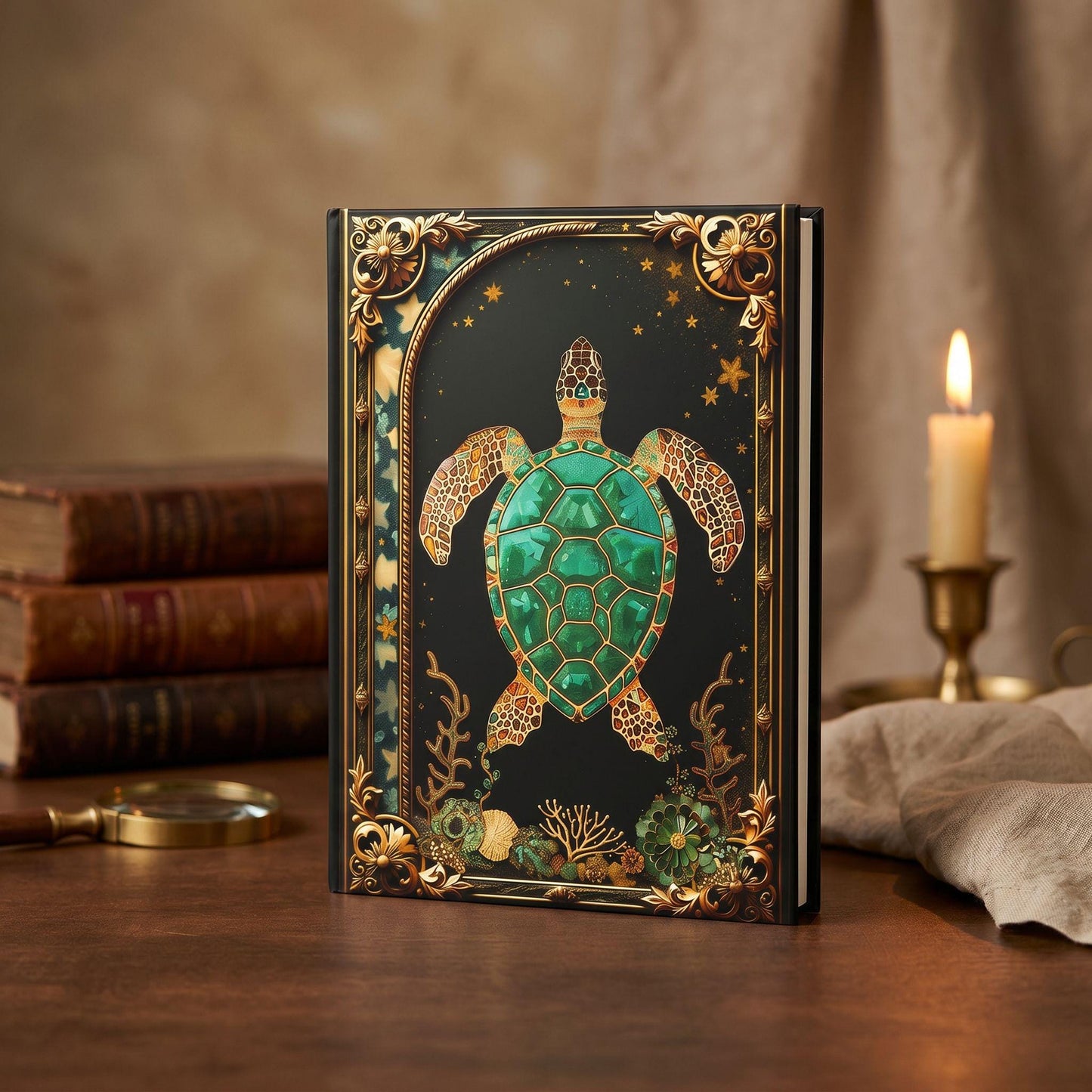 Gold Filigree Sea Turtle Journal – Personalized Ocean Hardcover Diary