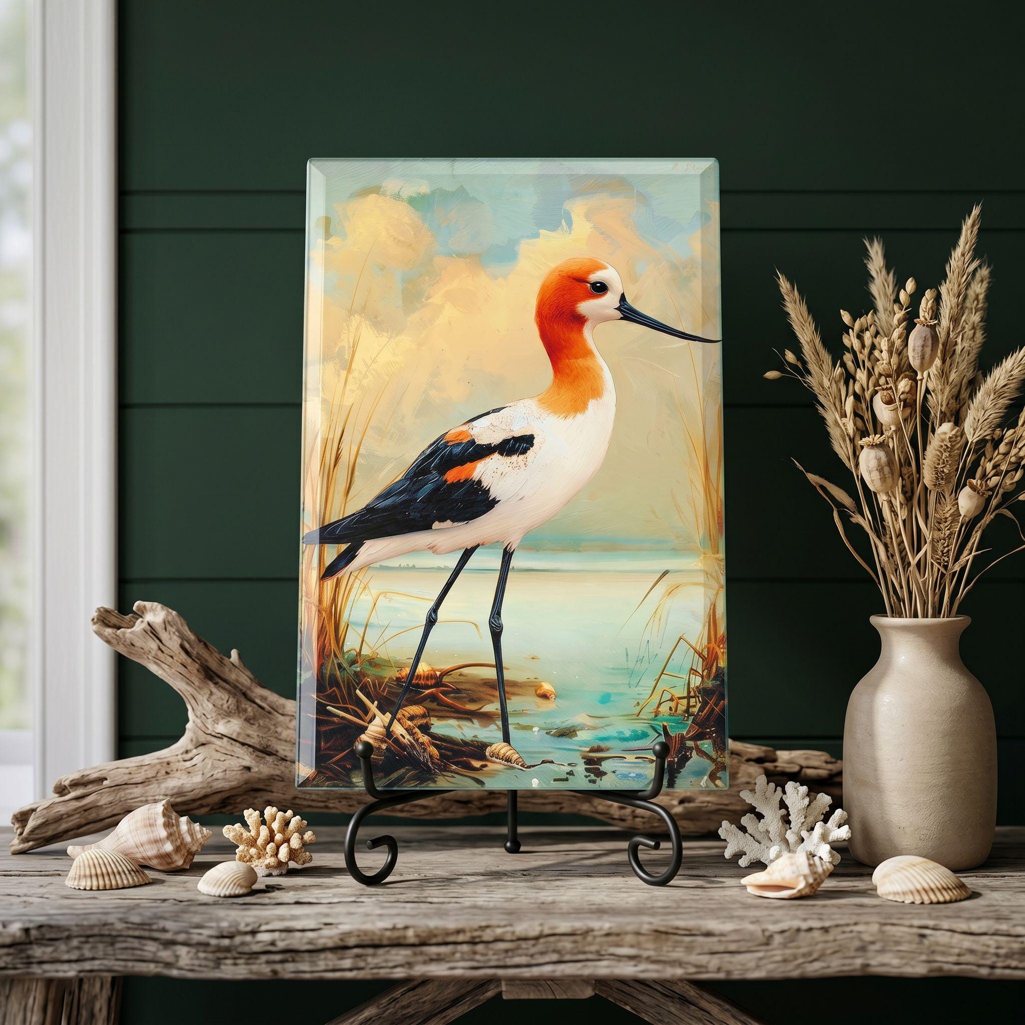 American Avocet Coastal Art Glass Board, Coastal Kitchen Decor, Charcuterie & Serving Tray