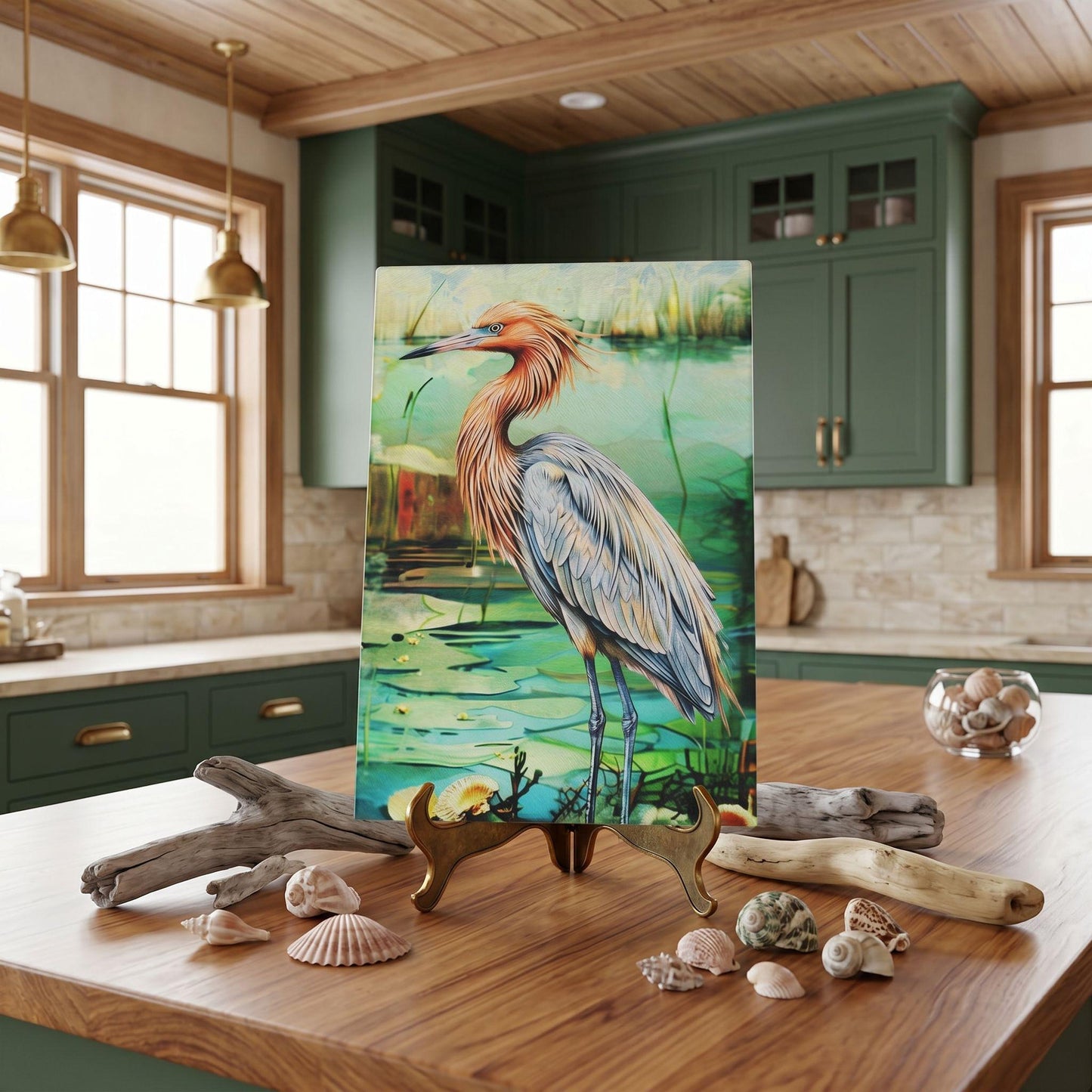 Reddish Egret Coastal Art Glass Board, Coastal Kitchen Decor, Charcuterie & Serving Tray