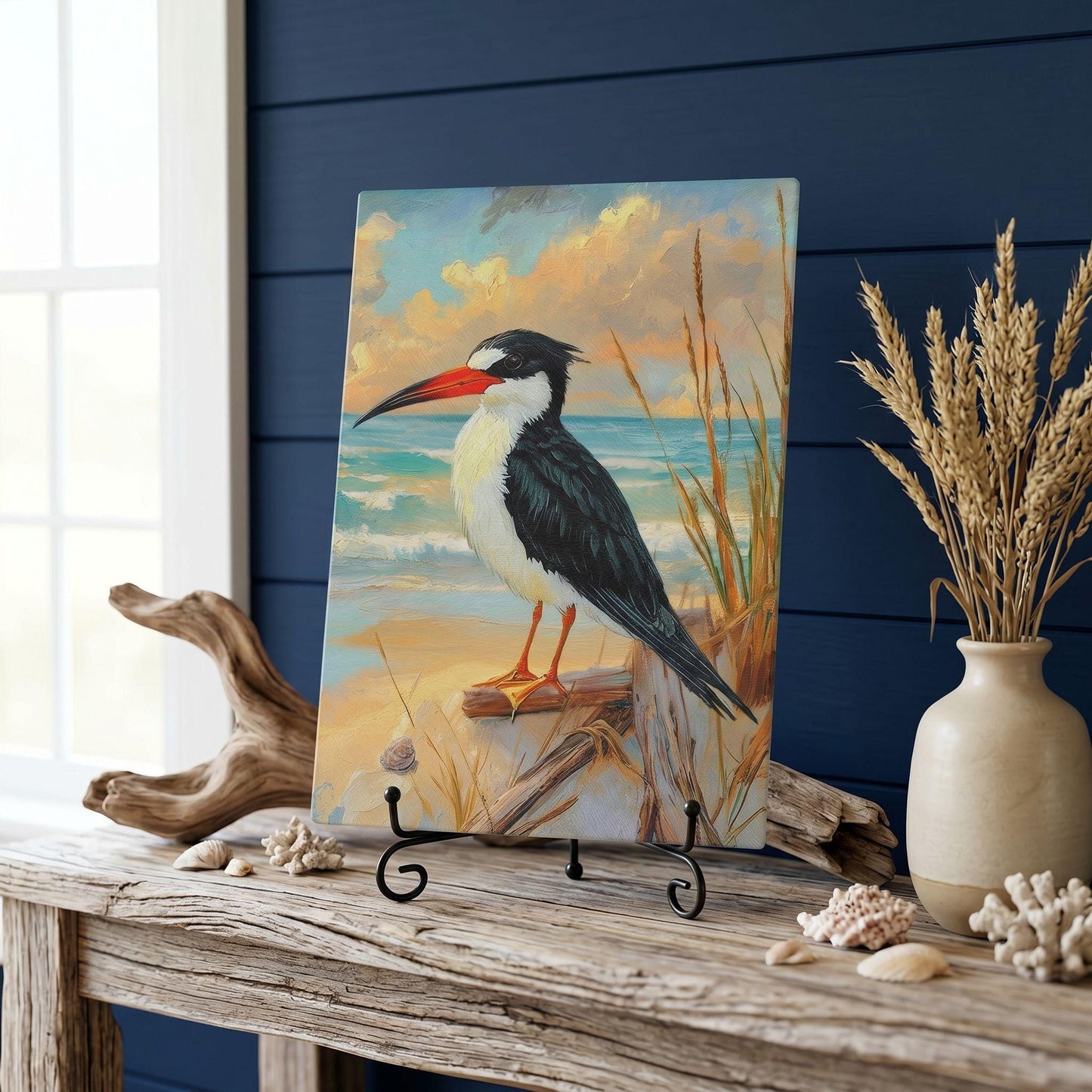 Black Skimmer Coastal Art Glass Board, Coastal Kitchen Decor, Charcuterie & Serving Tray