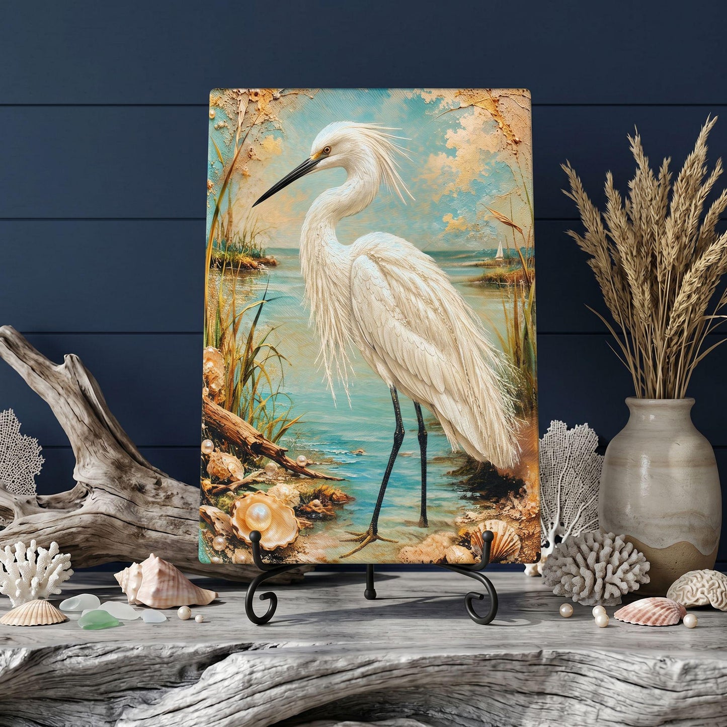 Egret Coastal Art Glass Board, Coastal Kitchen Decor, Charcuterie & Serving Tray