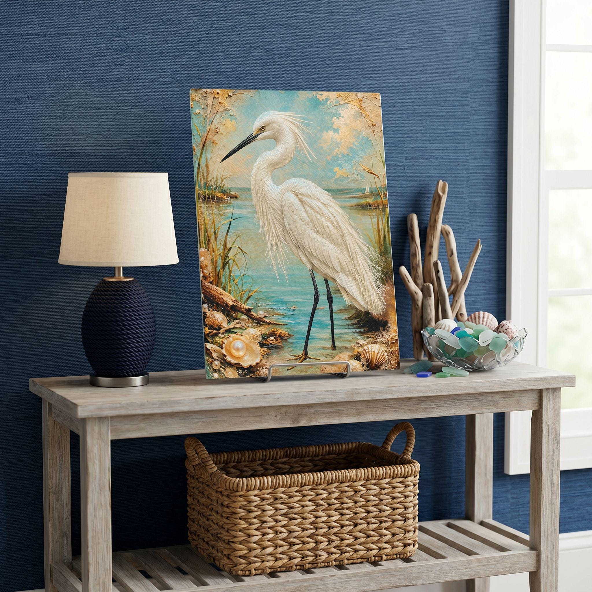 Egret Coastal Art Glass Board, Coastal Kitchen Decor, Charcuterie & Serving Tray