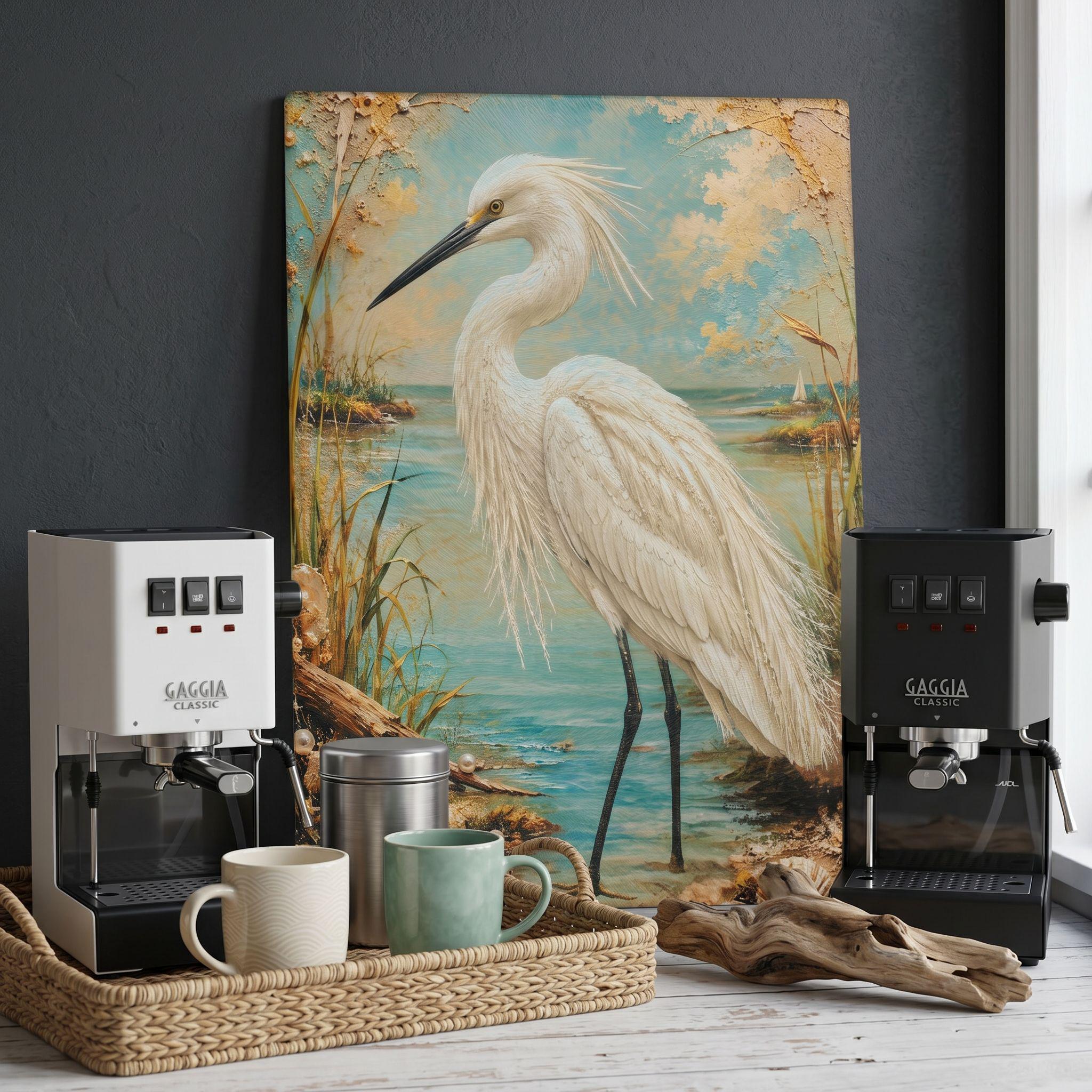 Egret Coastal Art Glass Board, Coastal Kitchen Decor, Charcuterie & Serving Tray