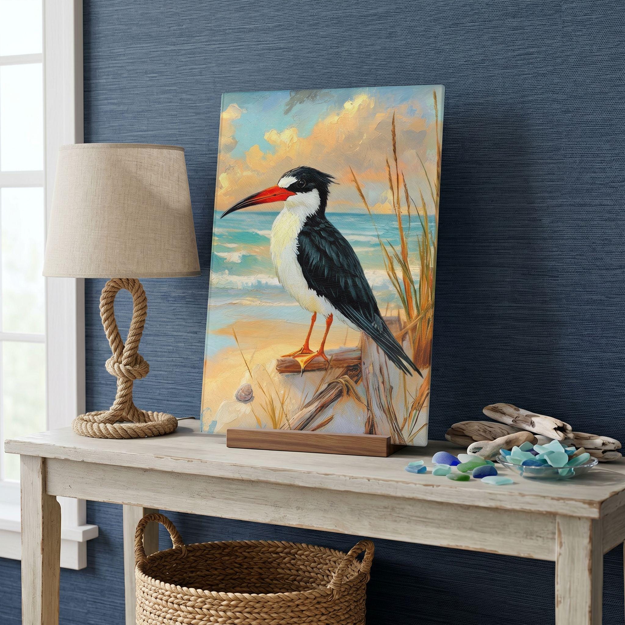 Black Skimmer Coastal Art Glass Board, Coastal Kitchen Decor, Charcuterie & Serving Tray