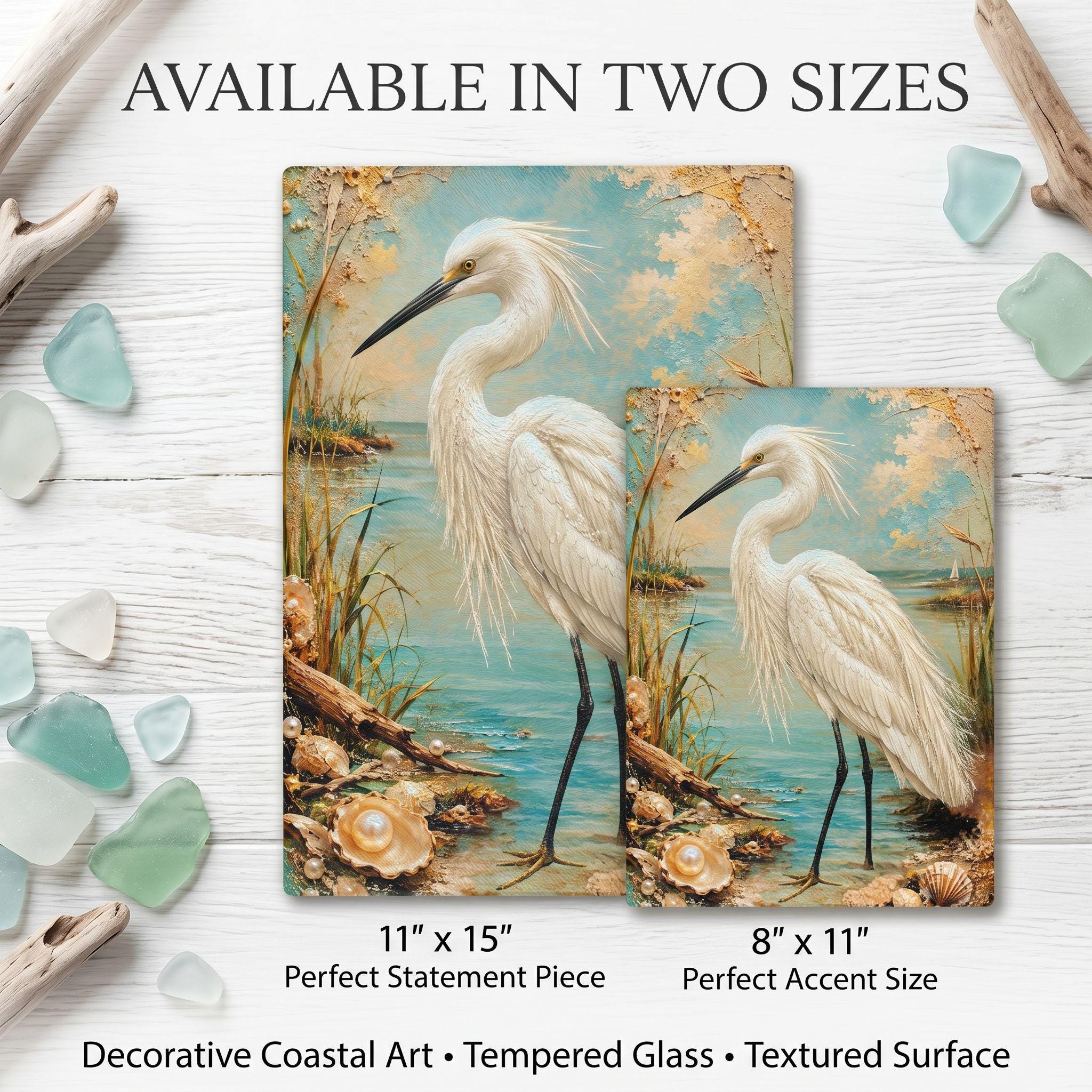 Egret Coastal Art Glass Board, Coastal Kitchen Decor, Charcuterie & Serving Tray