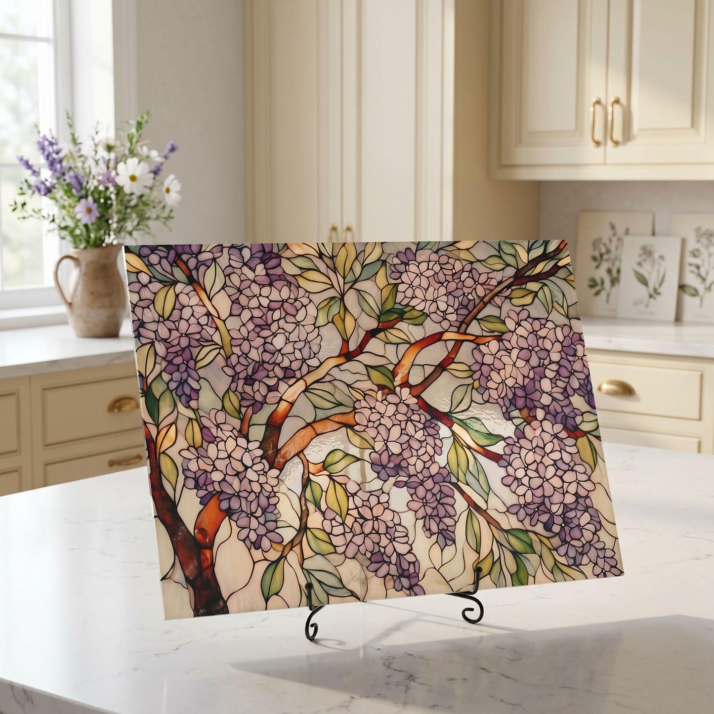 Lilac Botanical Glass Art Panel, Floral Tempered Glass Wall Decor, Cottage Garden Accent