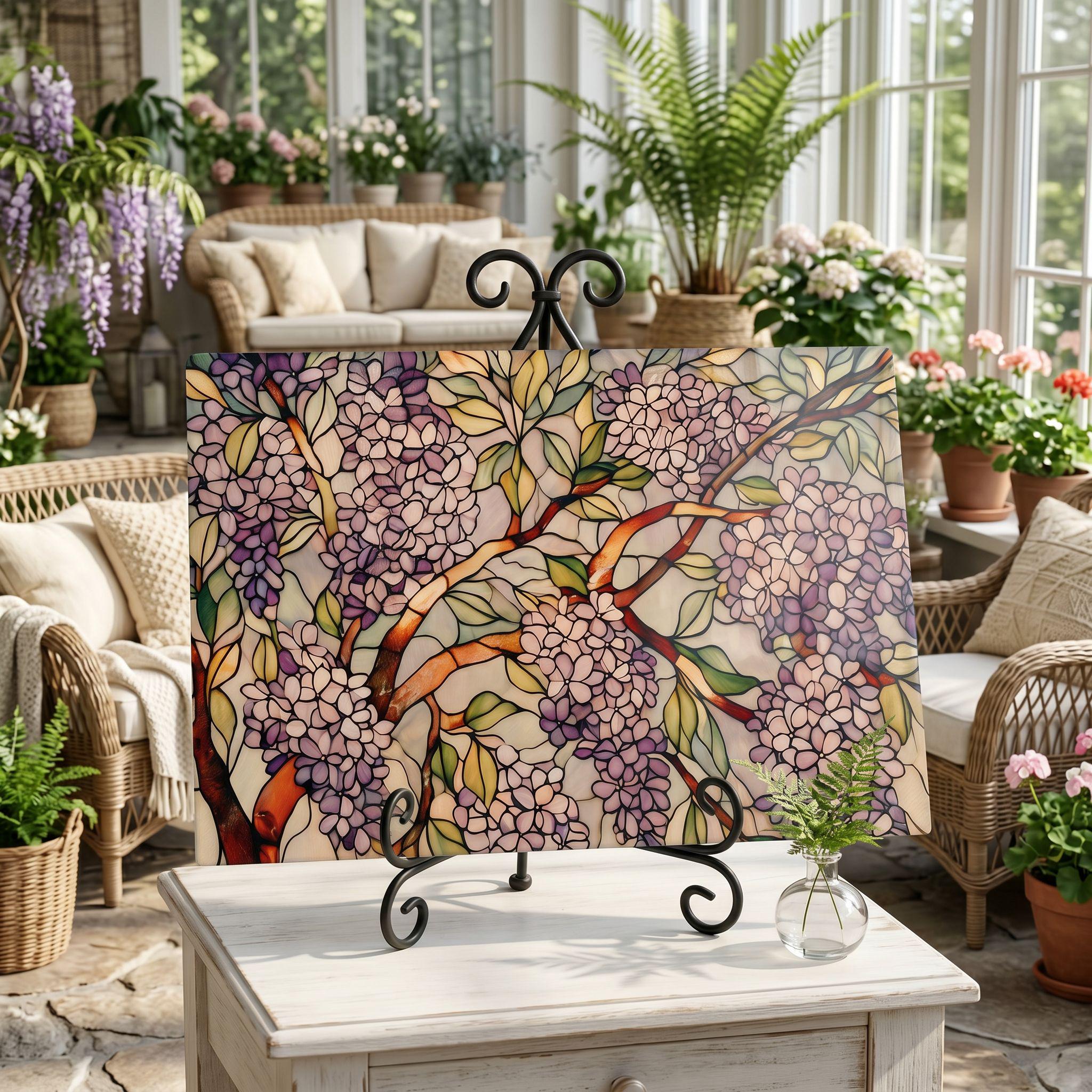 Lilac Botanical Glass Art Panel, Floral Tempered Glass Wall Decor, Cottage Garden Accent