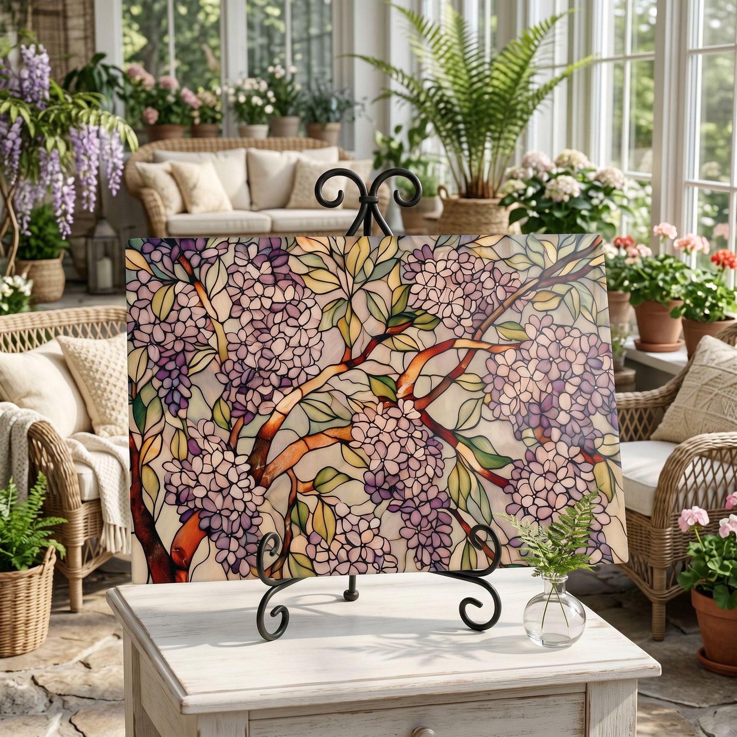 Lilac Botanical Glass Art Panel, Floral Tempered Glass Wall Decor, Cottage Garden Accent
