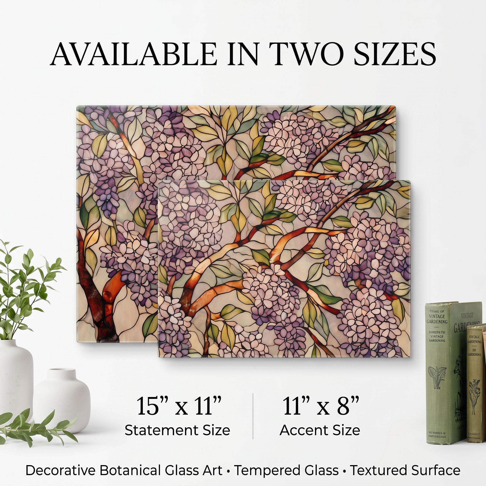 Lilac Botanical Glass Art Panel, Floral Tempered Glass Wall Decor, Cottage Garden Accent