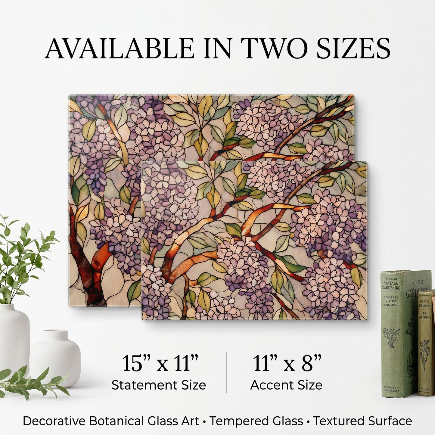 Lilac Botanical Glass Art Panel, Floral Tempered Glass Wall Decor, Cottage Garden Accent