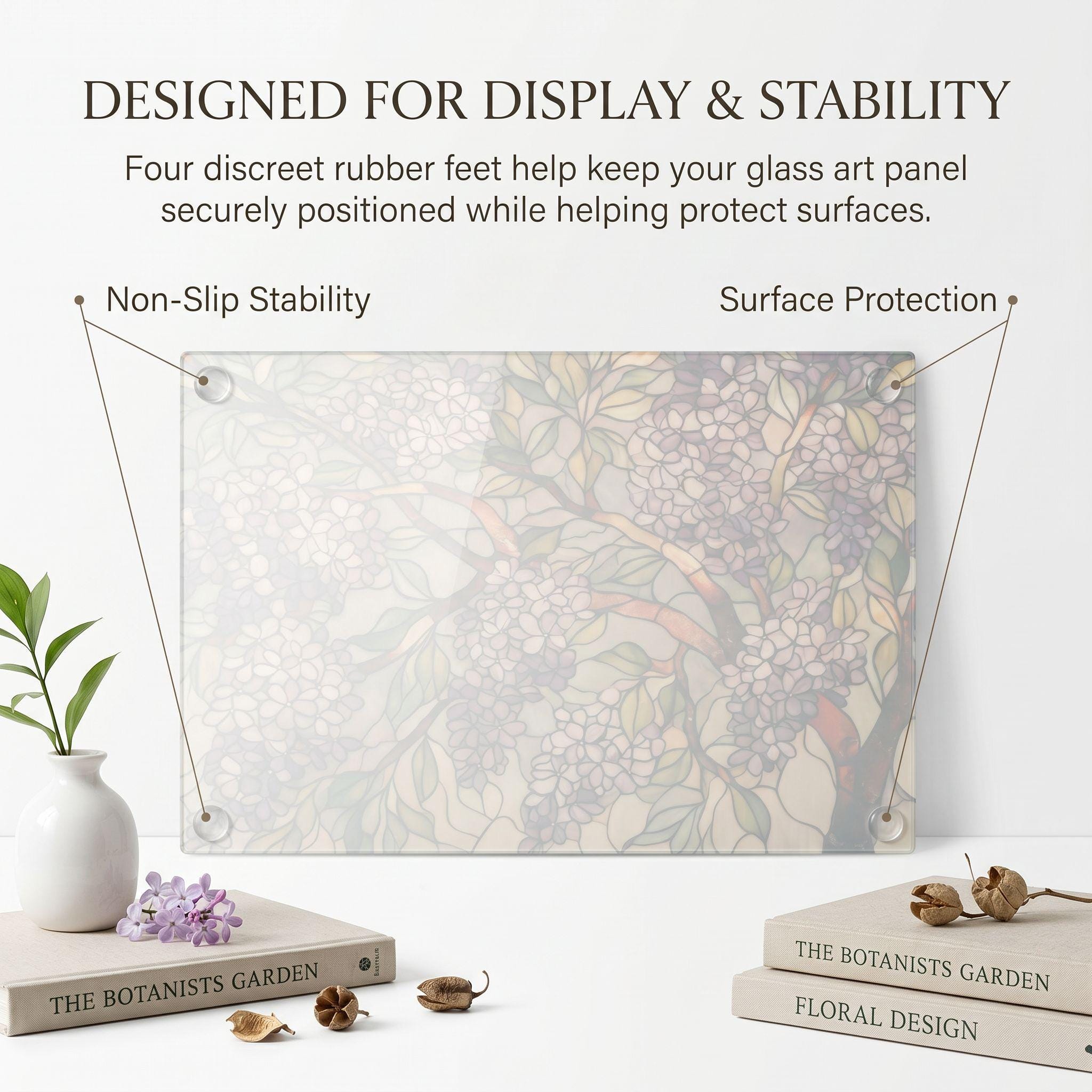 Lilac Botanical Glass Art Panel, Floral Tempered Glass Wall Decor, Cottage Garden Accent