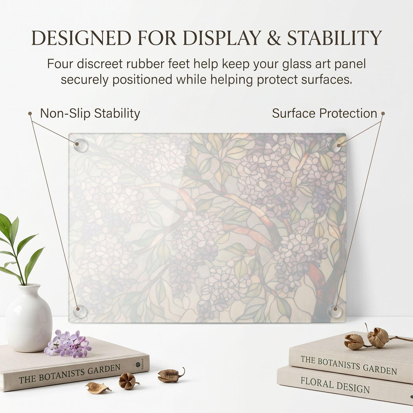 Lilac Botanical Glass Art Panel, Floral Tempered Glass Wall Decor, Cottage Garden Accent