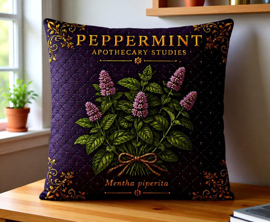 Peppermint Apothecary Pillow, Botanical Throw Pillow, Cottagecore Cushion, Dark Academia Decor, Herbal Home Accent