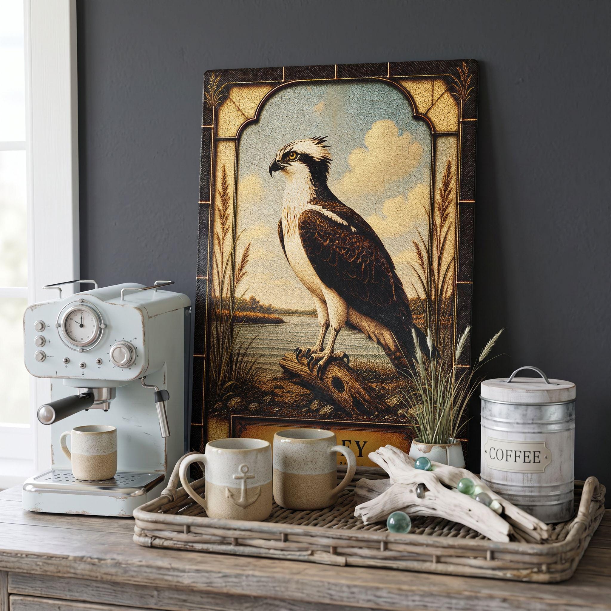 Osprey Coastal Art Glass Board, Coastal Kitchen Decor, Charcuterie & Serving Tray