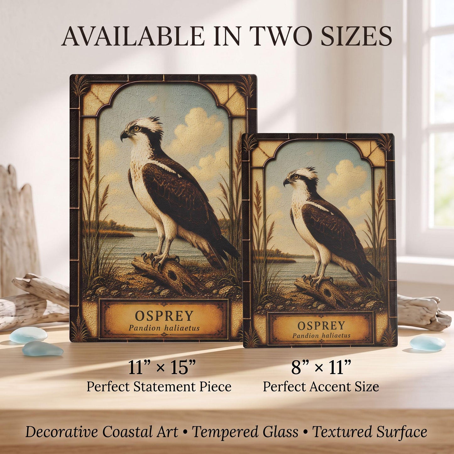Osprey Coastal Art Glass Board, Coastal Kitchen Decor, Charcuterie & Serving Tray