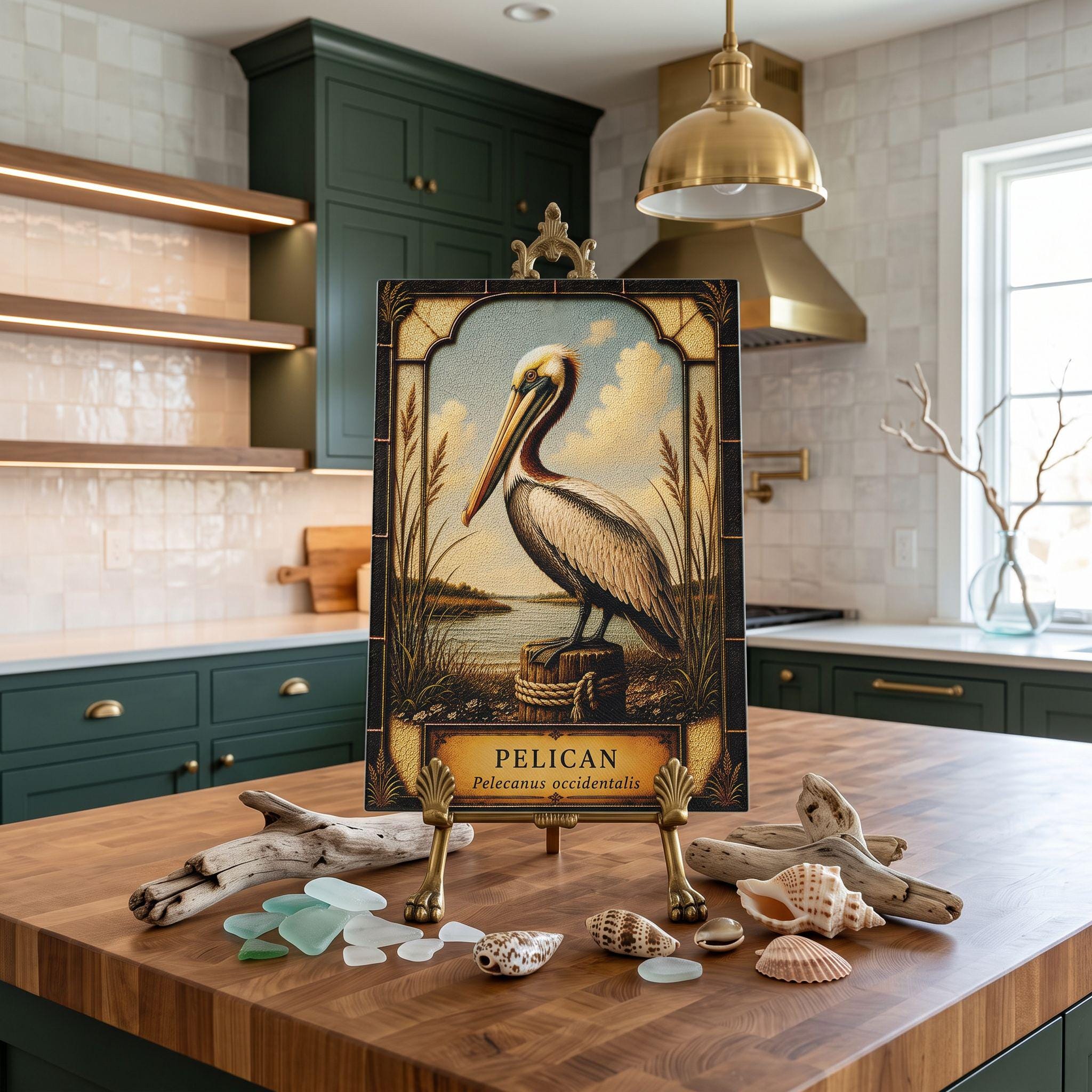 Brown Pelican Coastal Bird Glass Art Panel | Tempered Coastal Wall Art | Beach Cottage Decor | Bird Lover Gift | Coastal Home Decor