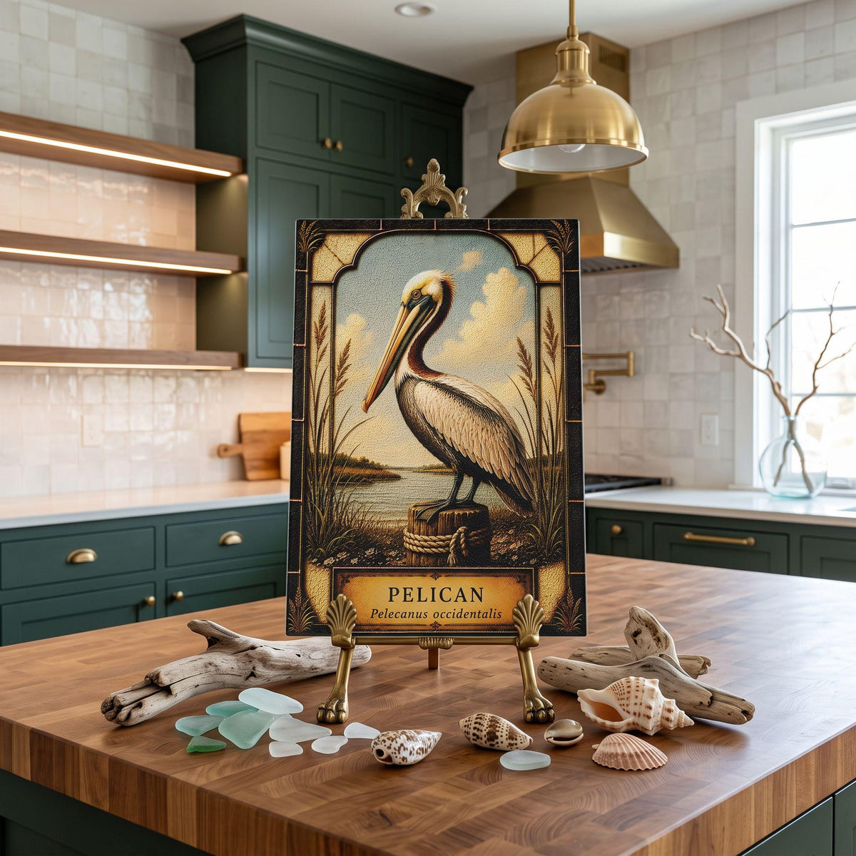 Brown Pelican Coastal Bird Glass Art Panel | Tempered Coastal Wall Art | Beach Cottage Decor | Bird Lover Gift | Coastal Home Decor