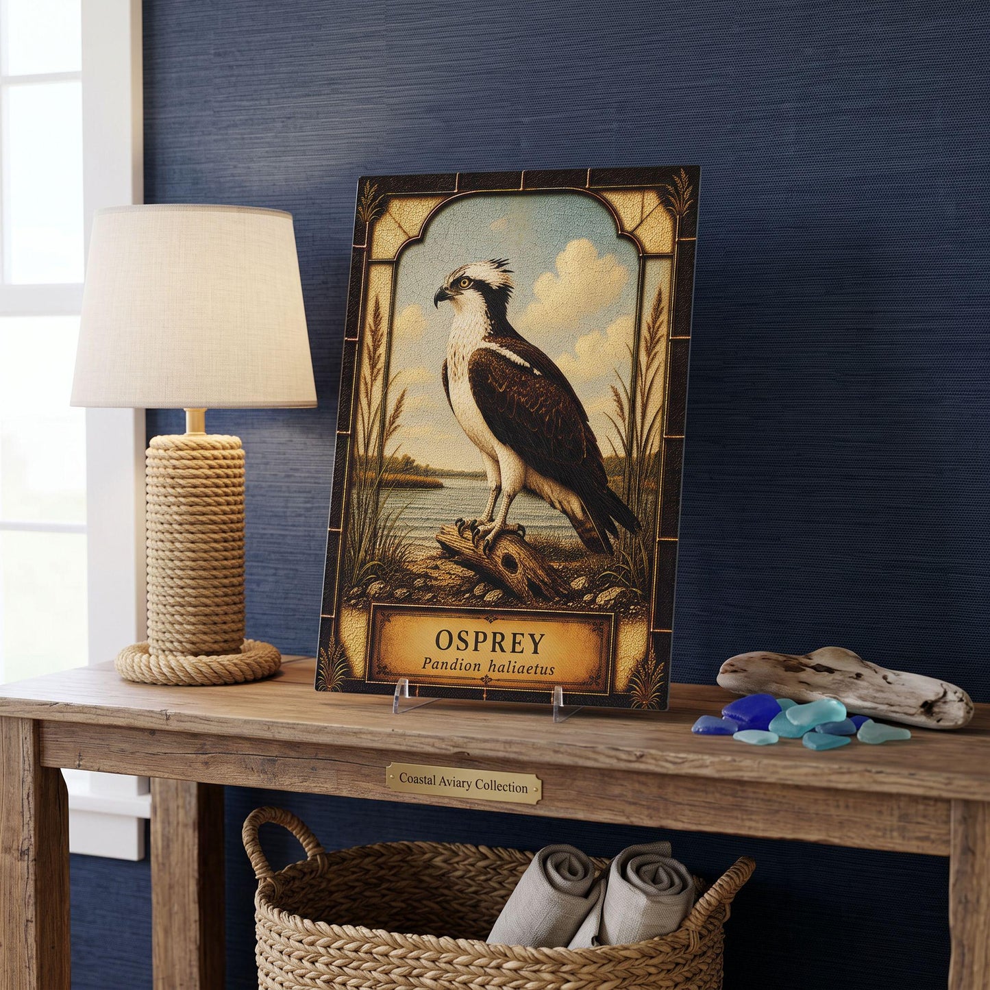 Osprey Coastal Art Glass Board, Coastal Kitchen Decor, Charcuterie & Serving Tray