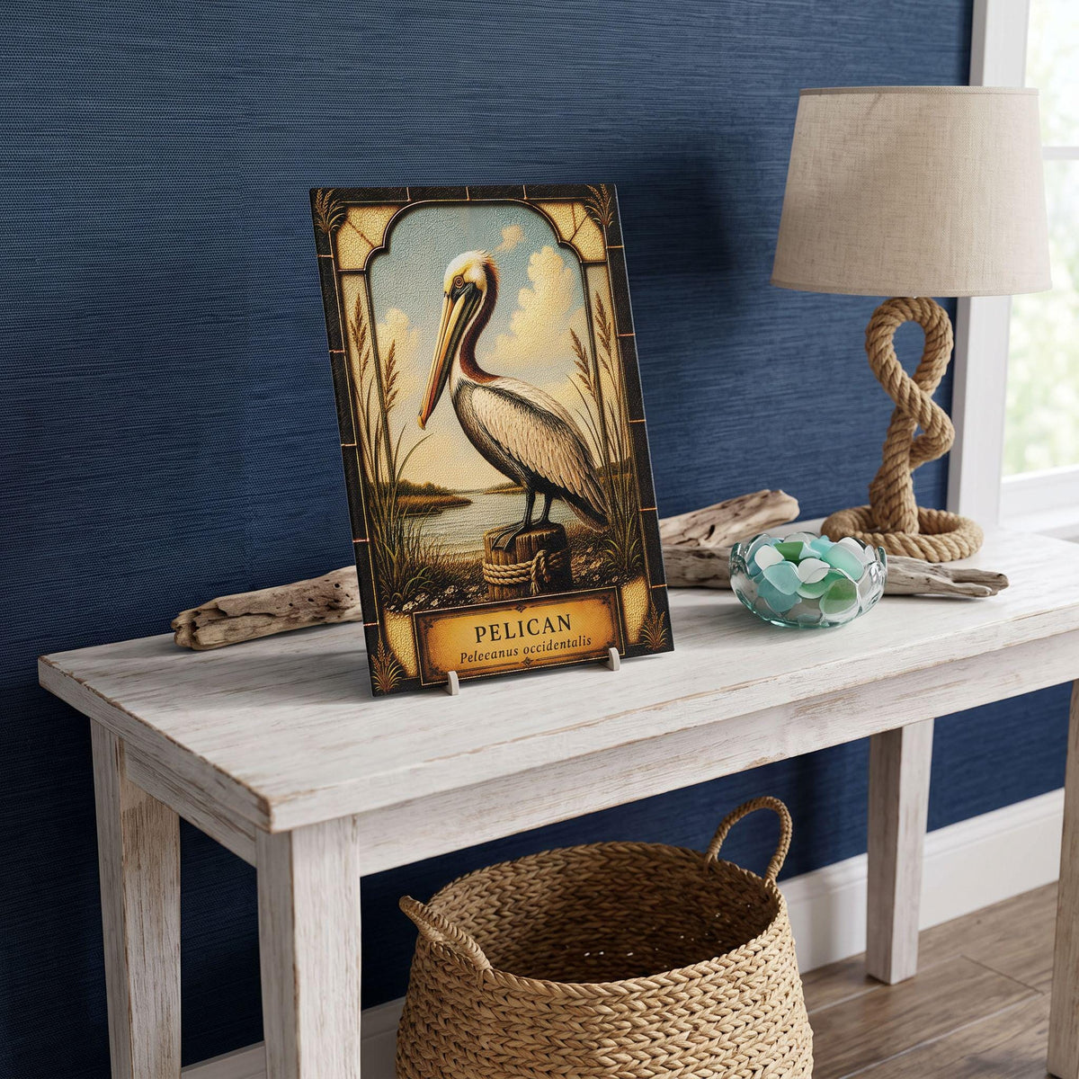 Brown Pelican Coastal Bird Glass Art Panel | Tempered Coastal Wall Art | Beach Cottage Decor | Bird Lover Gift | Coastal Home Decor
