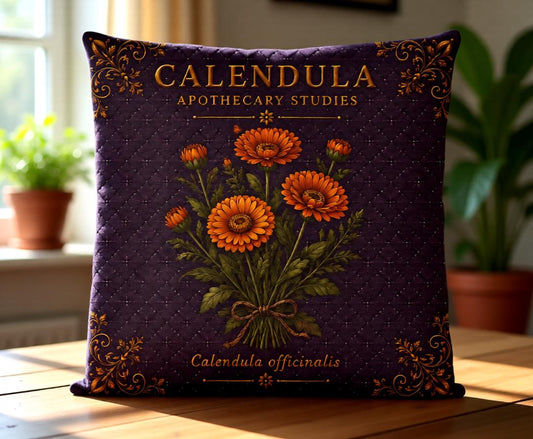 Calendula Apothecary Pillow, Botanical Throw Pillow, Cottagecore Cushion, Dark Academia Decor, Herbal Home Accent
