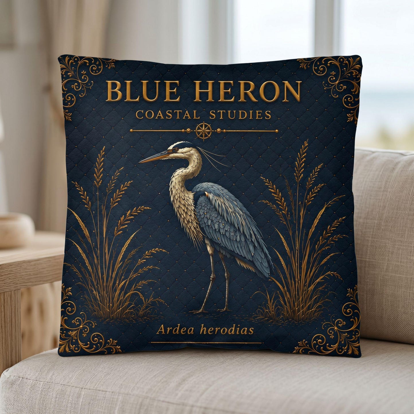 Blue Heron Coastal Pillow, Nautical Throw Pillow, Navy Coastal Cushion, Beach House & Lake House Decor, Coastal Grandma Style