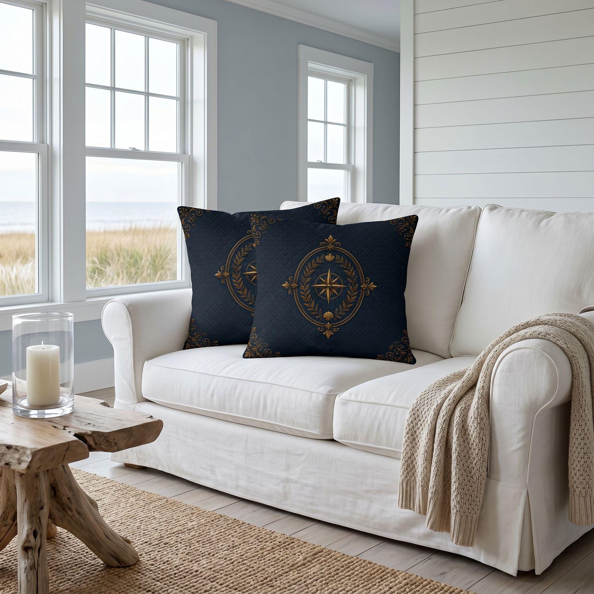 Blue Heron Coastal Pillow, Nautical Throw Pillow, Navy Coastal Cushion, Beach House & Lake House Decor, Coastal Grandma Style