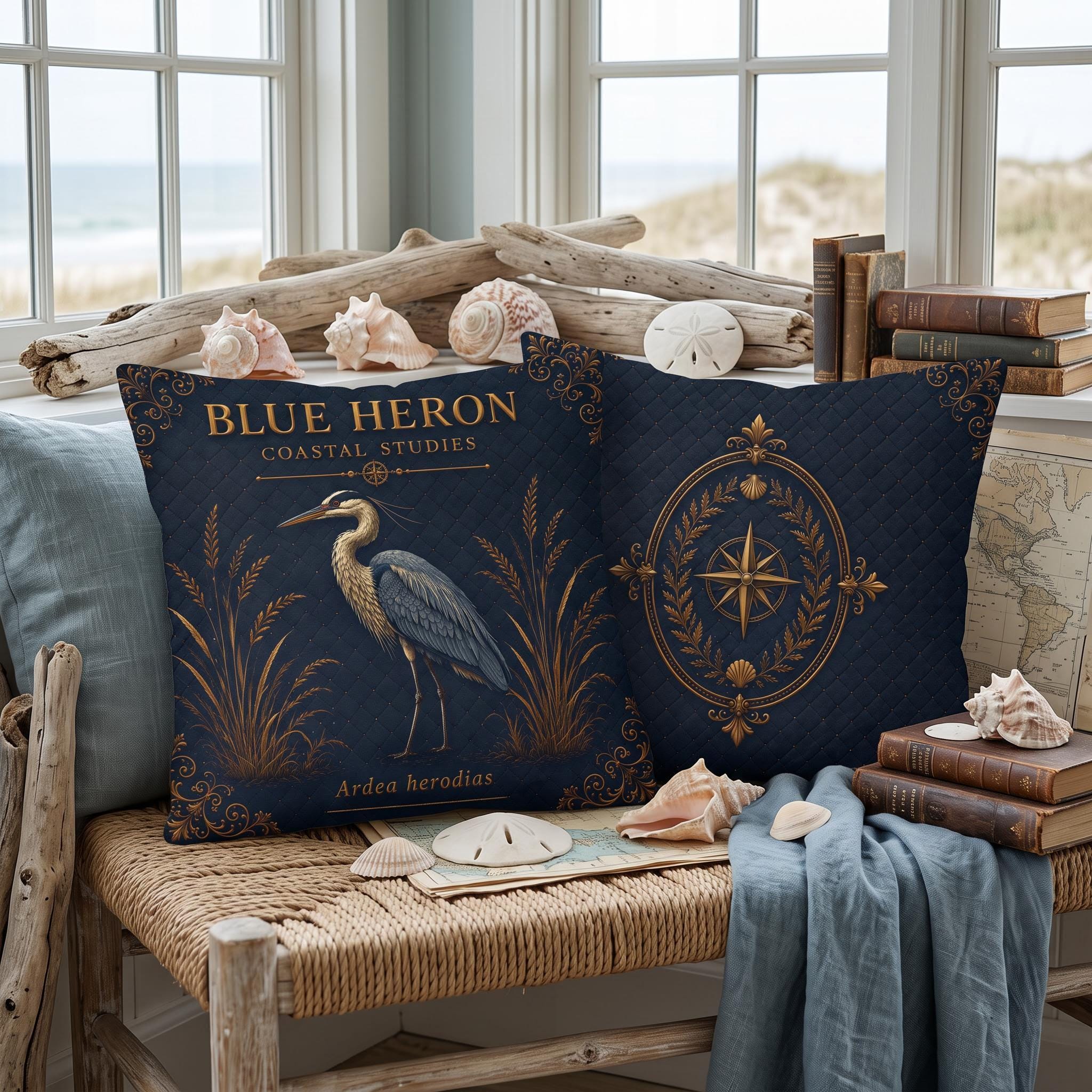 Blue Heron Coastal Pillow, Nautical Throw Pillow, Navy Coastal Cushion, Beach House & Lake House Decor, Coastal Grandma Style