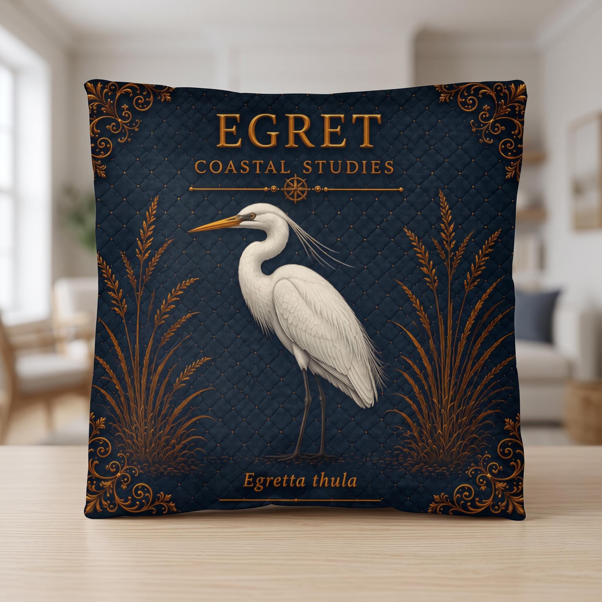 Egret Coastal Pillow, Nautical Throw Pillow, Navy Coastal Cushion, Beach House & Lake House Decor, Coastal Grandma Style