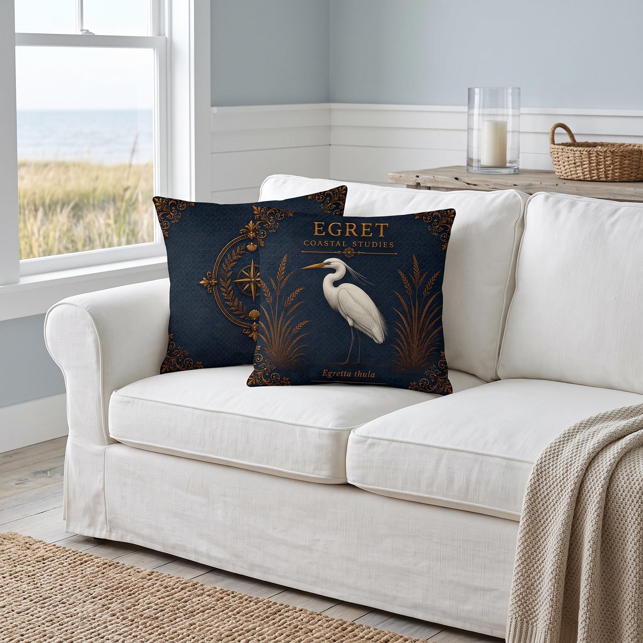 Egret Coastal Pillow, Nautical Throw Pillow, Navy Coastal Cushion, Beach House & Lake House Decor, Coastal Grandma Style