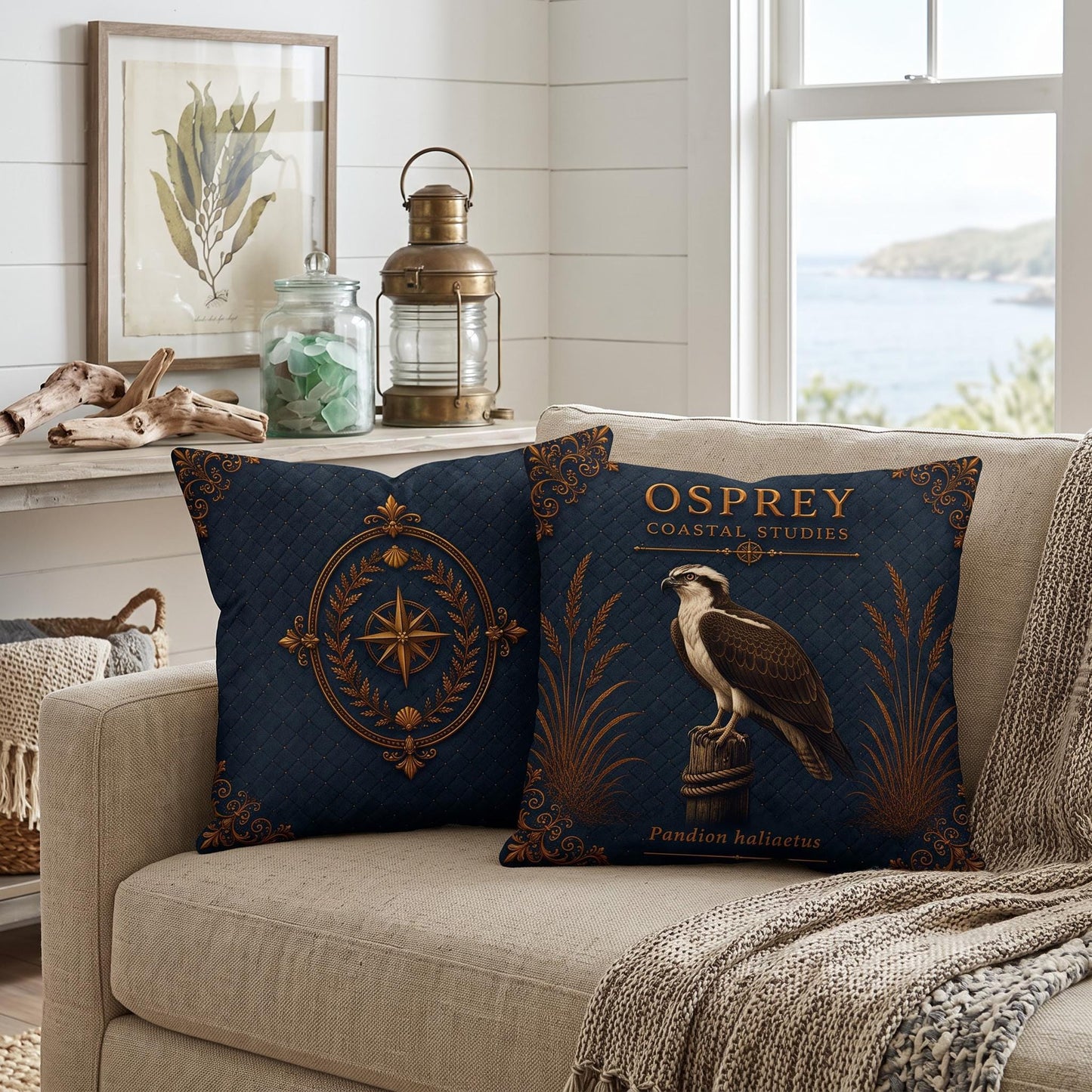 Osprey Coastal Pillow, Nautical Throw Pillow, Navy Coastal Cushion, Beach House & Lake House Decor, Coastal Grandma Style