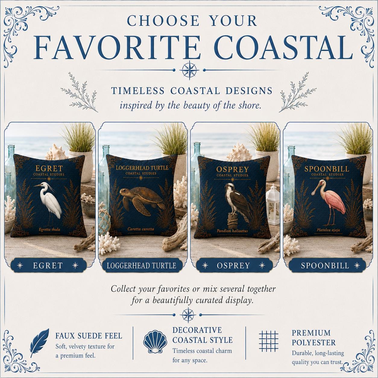 Osprey Coastal Pillow, Nautical Throw Pillow, Navy Coastal Cushion, Beach House & Lake House Decor, Coastal Grandma Style