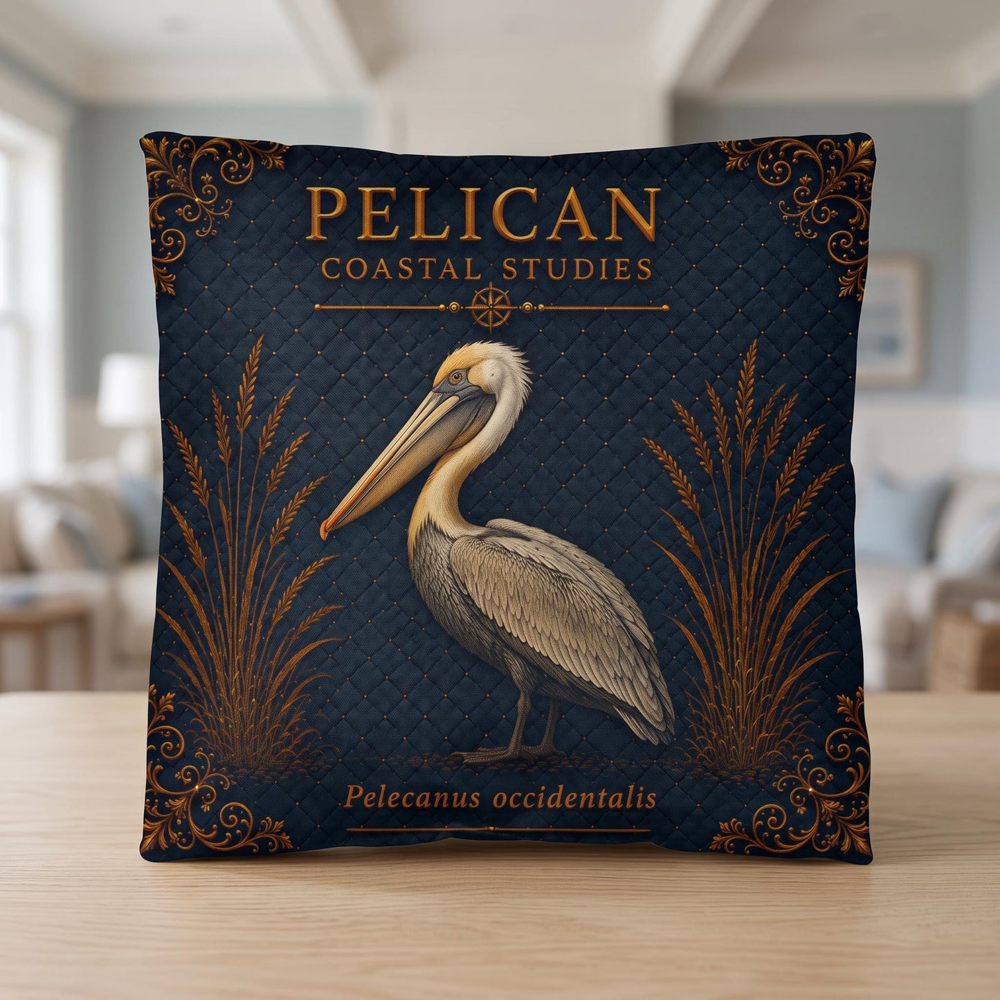 Pelican Coastal Pillow, Nautical Throw Pillow, Navy Coastal Cushion, Beach House & Lake House Decor, Coastal Grandma Style