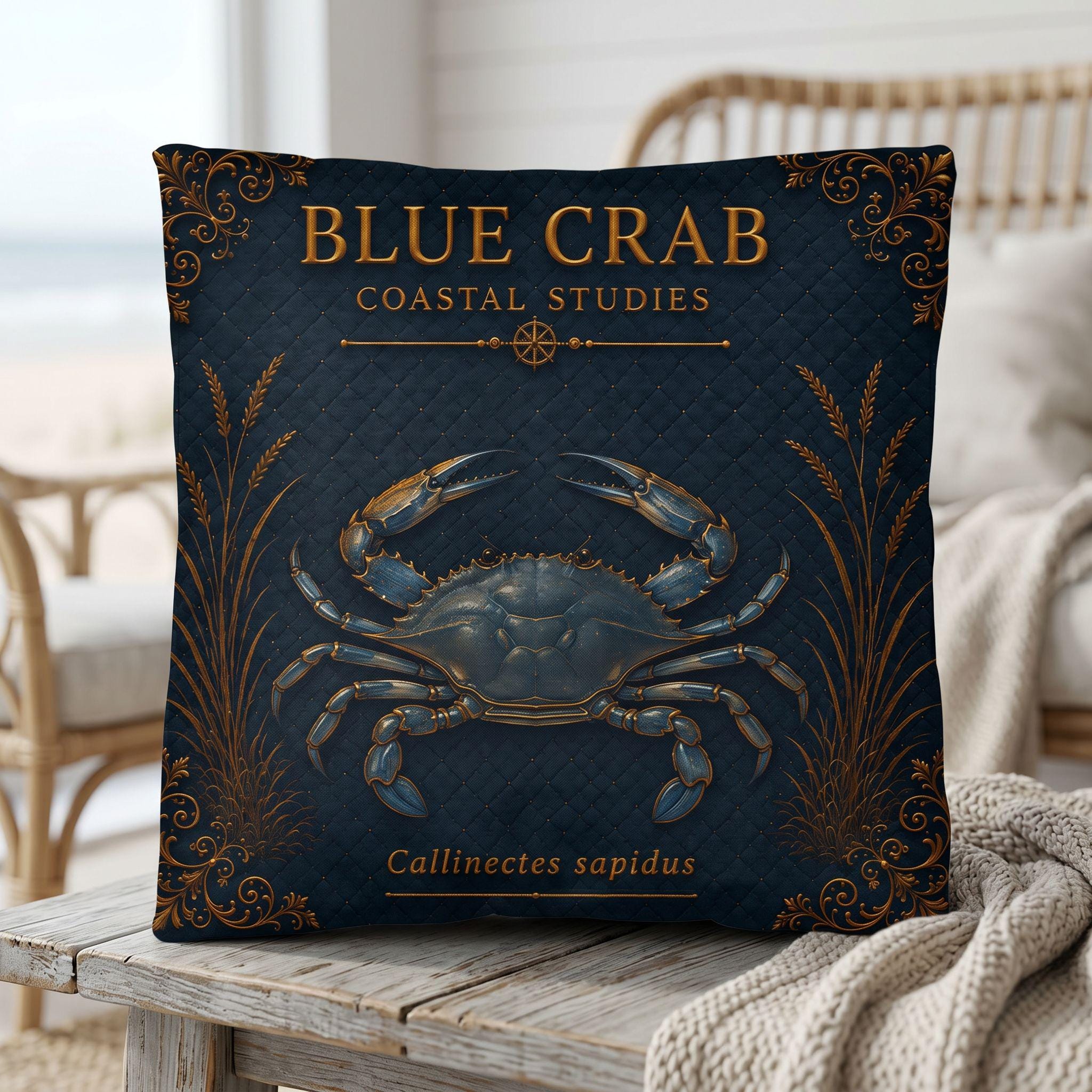 Blue Crab Coastal Pillow, Nautical Throw Pillow, Navy Coastal Cushion, Beach House & Lake House Decor, Coastal Grandma Style