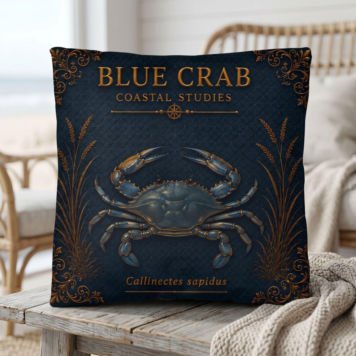 Blue Crab Coastal Pillow, Nautical Throw Pillow, Navy Coastal Cushion, Beach House & Lake House Decor, Coastal Grandma Style