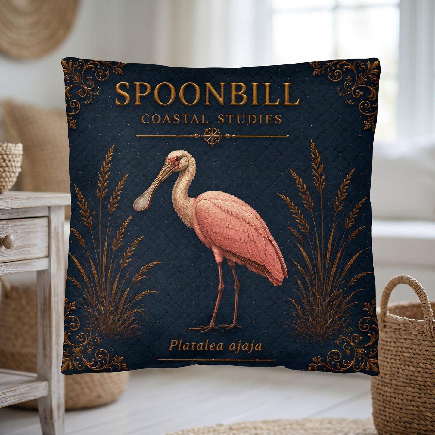 Roseate Spoonbill Coastal Pillow, Nautical Throw Pillow, Navy Coastal Cushion, Beach House & Lake House Decor, Coastal Grandma Style