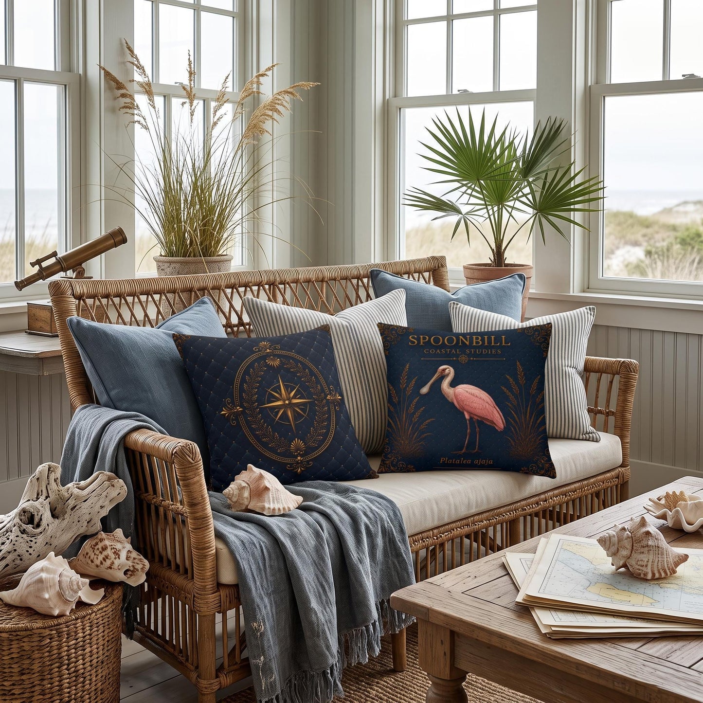 Roseate Spoonbill Coastal Pillow, Nautical Throw Pillow, Navy Coastal Cushion, Beach House & Lake House Decor, Coastal Grandma Style